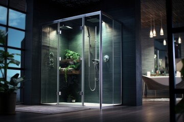 A modern bathroom featuring a glass shower enclosure and a potted plant. This image can be used to showcase contemporary bathroom designs or to highlight the calming ambiance of a spa-like atmosphere - obrazy, fototapety, plakaty