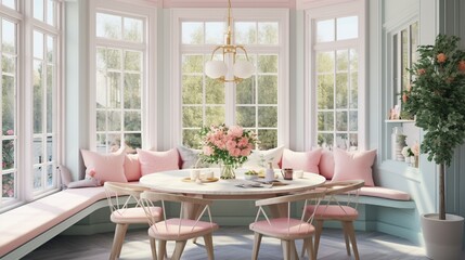 A charming breakfast nook with a bay window, a built-in bench, and a round table with pastel chairs. - obrazy, fototapety, plakaty