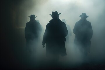A group of men standing in a foggy area. This image can be used to depict mystery, teamwork, or a sense of uncertainty - obrazy, fototapety, plakaty
