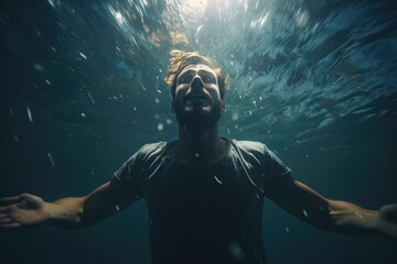A man wearing a black shirt is submerged underwater - obrazy, fototapety, plakaty