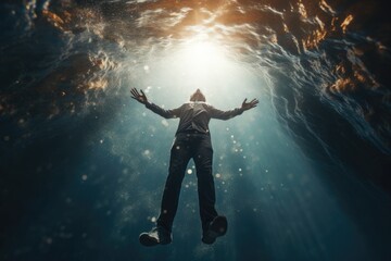 A man in a suit floating in the water. This image can be used to depict relaxation, swimming, or even a business metaphor for going with the flow - obrazy, fototapety, plakaty