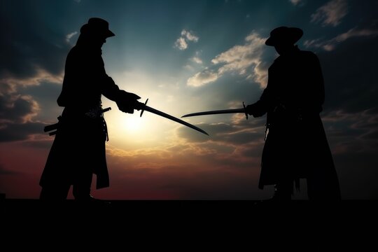 Two men in silhouette are pictured holding swords against a beautiful sunset backdrop. 