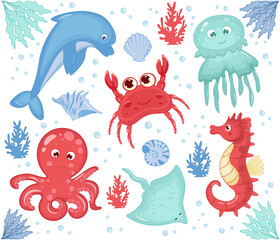 Sea animals cute set isolated on white background. Vector illustration of octopus, stingray, jellyfish, crab, dolphin, seahorse, turtle, seashells. Cartoon style for children. Marine life, sea world.