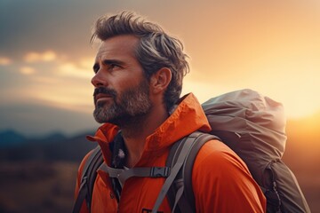 A picture of a man wearing an orange jacket and carrying a backpack. Suitable for outdoor and adventure-themed projects - obrazy, fototapety, plakaty