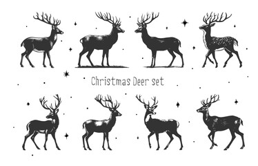 Set of hand drawn christmas deers, vintage illustration, sketch style.