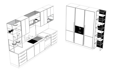 Kitchen interior furniture isolated on a white background, outline illustration, sketch