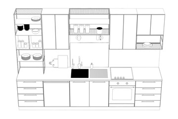 Kitchen interior furniture isolated on a white background, outline illustration, sketch