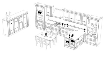 Fototapeta premium Kitchen interior furniture isolated on a white background, outline illustration, sketch