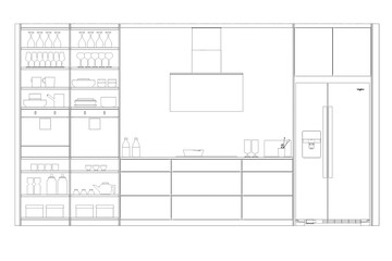 Kitchen interior furniture isolated on a white background, outline illustration, sketch