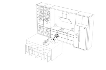 Kitchen interior furniture isolated on a white background, outline illustration, sketch