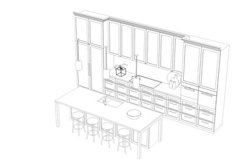 Kitchen interior furniture isolated on a white background, outline illustration, sketch