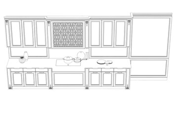 Kitchen interior furniture isolated on a white background, outline illustration, sketch