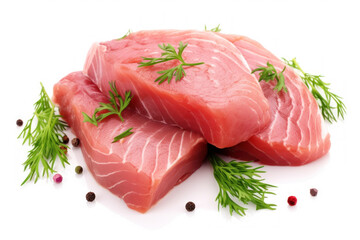 Raw fish fillet that is fresh tuna steak Garnish with parsley isolated on white background