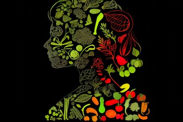 Head silhouette with vegetables and fruits. Vegan diet thinking concept.
