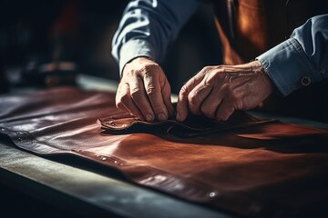 A close-up shot of a person cutting a piece of leather. This image can be used in various contexts, such as crafting, DIY projects, or leatherworking tutorials - obrazy, fototapety, plakaty