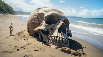 Giant skull washed up on a tropical beach, in front of a man watching this surreal scene
