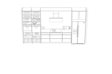 Kitchen interior furniture isolated on transparent background, outline illustration, sketch