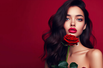 Beautiful young woman with red lips holding a red rose on red background. ai generative - obrazy, fototapety, plakaty