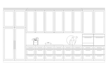 Kitchen interior furniture isolated on transparent background, outline illustration, sketch