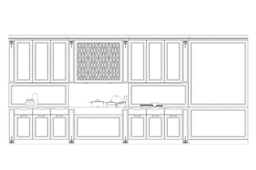 Kitchen interior furniture isolated on transparent background, outline illustration, sketch