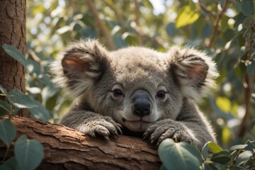 Cute Baby Koala Bear Sleeping under a Eucalyptus Tree in Queensland. ai generative
