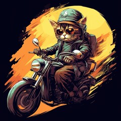 Cat driving a motorcycle in the summer
