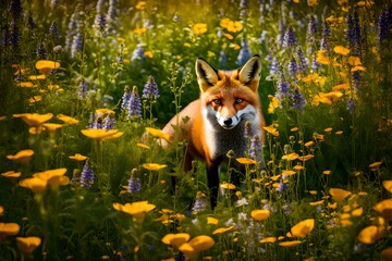 A curious fox peering out from behind a carpet of blooming wildflowers, blending seamlessly with nature.