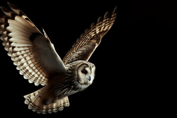 Fototapeta premium enchanting owl in flight showcasing its silent and predatory motion isolated on black background. ai generative