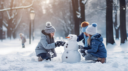 Children building snowman in winter park