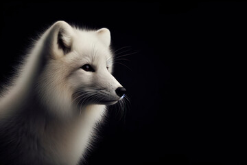 Obraz premium portrait of a polar fox isolated with black background with copy space. ai generative