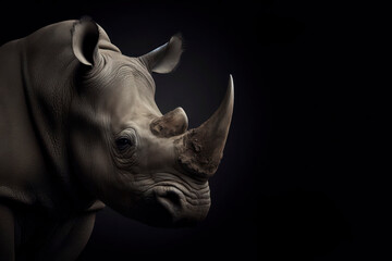 portrait of a rhino isolated with black background with copy space. ai generative
