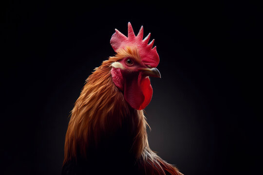 portrait of a rooster isolated on black background with copy space. ai generative
