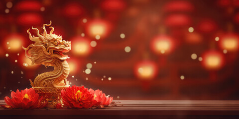 Chinese New Year red background with 3d 
gold glowing dragon with large copyspace area