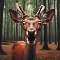 surprised deer in the forest. hilarious picture of a deer. ai generative - obrazy, fototapety, plakaty