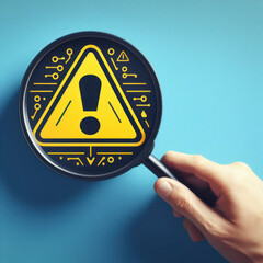 Yellow triangle caution warning sign inside of magnifier glass for maintenance notification error. ai generative