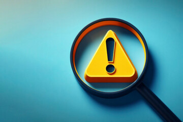 Yellow triangle caution warning sign inside of magnifier glass for maintenance notification error. ai generative