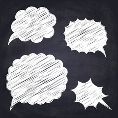 Set of hand drawn speech bubbles. Different emotional chat boxes. Chalk drawn talk balloons. Chalkboard background. Vector Illustration.	