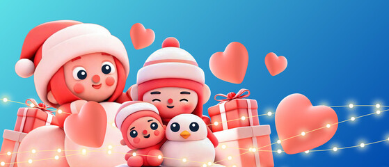 Christmas celebration background and familygiving party in New Year's Eve and winter lights. blue, cheerful, bonding, happy, happy, heart, banner, 3d rendering