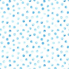 Watercolor seamless pattern in polka dot style. Grunge texture. Blue dots on a white background. Handwork with paints on paper. Print for your decor.