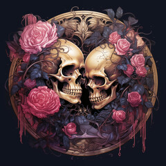 skulls and pink roses illustration - generative ai