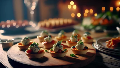 Foto op Aluminium Catering table with various creative and delicious food: canape, snacks and appetizers. Catering plate. Assortment of sandwiches and tartlets on the buffet table. Meat, fish, vegetable canapes. © Ilia