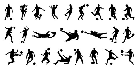 Collection of soccer football player silhouettes, flat vector design, including goalkeeper - obrazy, fototapety, plakaty