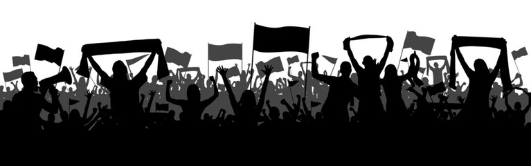 Sports background with soccer Football supporters in silhouette flat design. Male and female fans with hands in the air, banners, flags, scarfs. Design with two layers and gray crowd behind black crow - obrazy, fototapety, plakaty