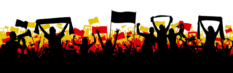 Sports background with german soccer Football supporters in silhouette flat design. Male and female fans with hands in the air, banners, flags, scarfs. Design with three layers in german flag colors b - obrazy, fototapety, plakaty