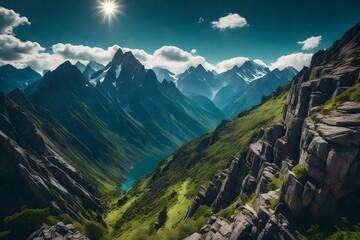 A rugged mountain range, with towering peaks of jagged stone and deep valleys filled