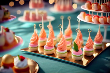 Catering table with various creative and delicious food: canape, snacks and appetizers. Catering plate. Assortment of sandwiches and tartlets on the buffet table. Meat, fish, vegetable canapes. - obrazy, fototapety, plakaty