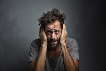 Obraz premium Depressed frustrated adult man cover ears suffering from grieve, migraine, feeling stressed, sick, tired, thinking over bad news, crisis depression emotional problems do not want to hear concept