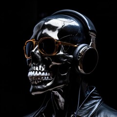 Black polished human skull wearing headphones and sunglasses. Music, heavy metal, rock.