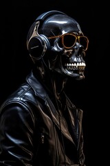 Black polished human skull wearing headphones and sunglasses. The skeleton wears a black leather jacket. Music, heavy metal, rock.