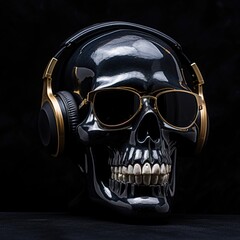 Black polished human skull wearing headphones and sunglasses. Music, heavy metal, rock.